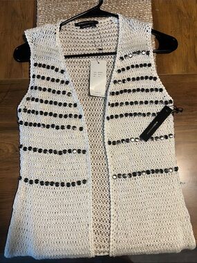 BCBGMaxAzria White Crochet Vest with Silver Sequin Stripes Medium